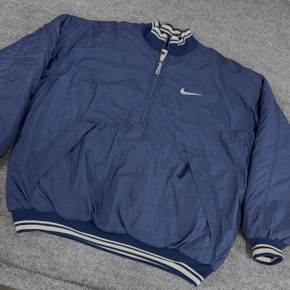 Vintage Nike Pullover 1/2 Zip Puffer Jacket Men Large 90's Navy White Big Swoosh